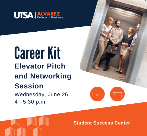 Event graphic with image of two males and two female professionals in an elevator