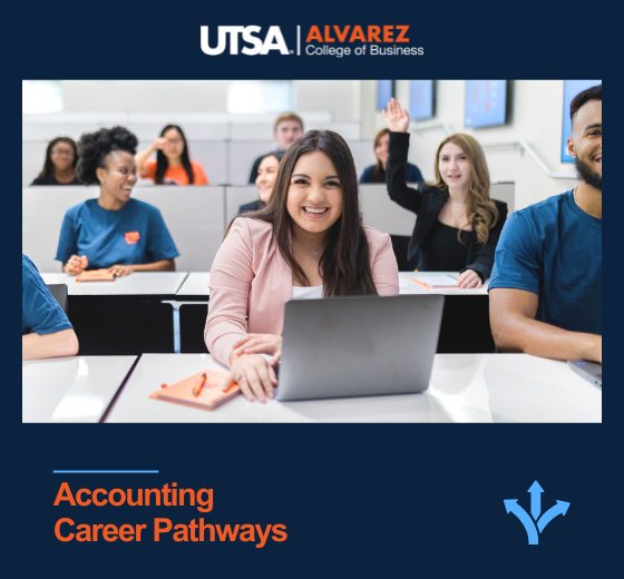 Accounting Career Pathways with smiling female student at laptop