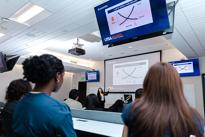 Female professor teaching a class with a supply and demand chart in the background