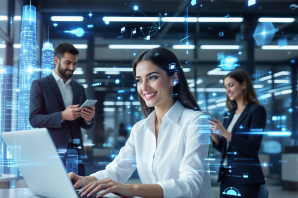 Business professionals in office surrounded by digital business graphics