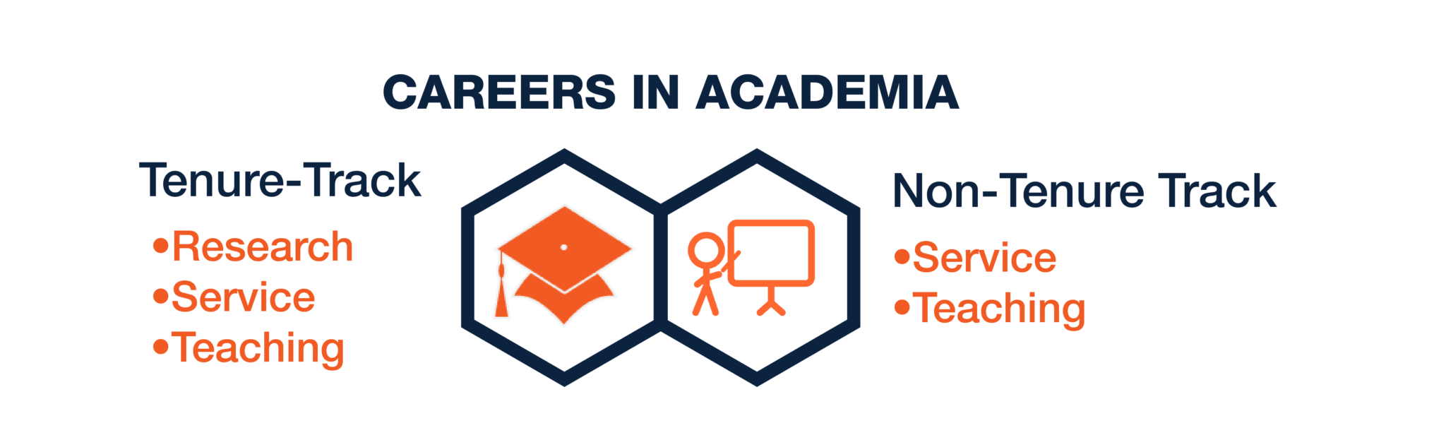 Careers in Academia include Tenure-Track (Research, Service and Learning) and Non-Tenure Track (Service and Teaching)