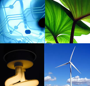 Image of microchip, leaf, light bulb and windmill