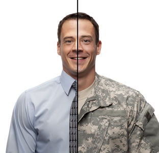 A man divided in half wearing a business suit and military fatigues