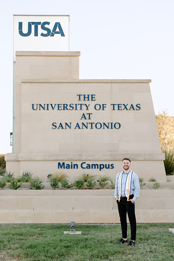 Rhett Whiting in front of UTSA Monument